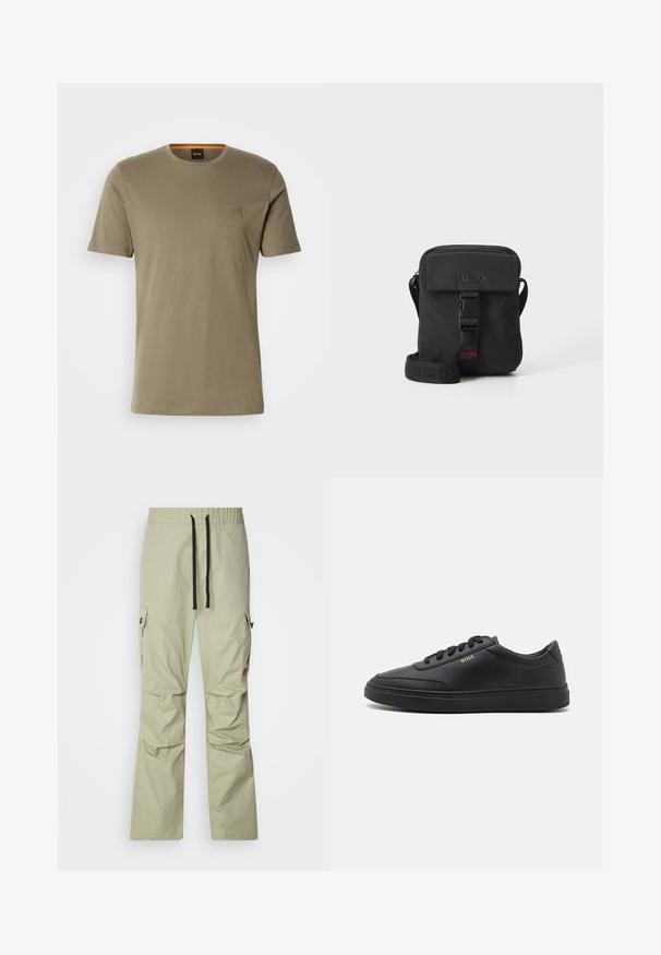 Olivegrünes Kurzarm-T-Shirt aus Baumwolle mit Rundhalsausschnitt und einem kleinen quadratischen Logopatch auf der linken Brust. Glatte Textur.; Hellgrüne Cargo-Hose mit lockerem Schnitt, elastischem Bund, schwarzem Kordelzug, zwei seitlichen Taschen und dezenten Nähdetails.; Schwarze Leder-Sneaker mit glatter Textur, runder Zehenpartie, flacher Gummisohle und einfarbigen Schnürsenkeln. Mit goldfarbenem "BOSS" Logo an der Seite.; Schwarze Umhängetasche aus strapazierfähigem Stoff. Verfügt über einen Klappenverschluss, einen verstellbaren Tragegurt mit geprägtem Logo und ein vorderes Schnallendetail.