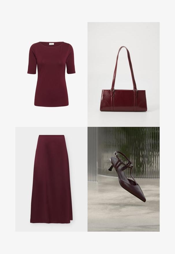 Kaffe KAYOKO BOATNECK - T-shirt basique - zinfandel; Jupe midi trapèze bordeaux avec une texture lisse, satinée et une taille haute, présentée sur un fond blanc.; Escarpin slingback en cuir brun foncé à bout pointu, avec des fines lanières et un petit talon kitten incurvé, présenté sur un fond abstrait.; Sac à main bordeaux en matériau brillant, de forme rectangulaire, avec deux anses et des accents légèrement courbés à l'avant.