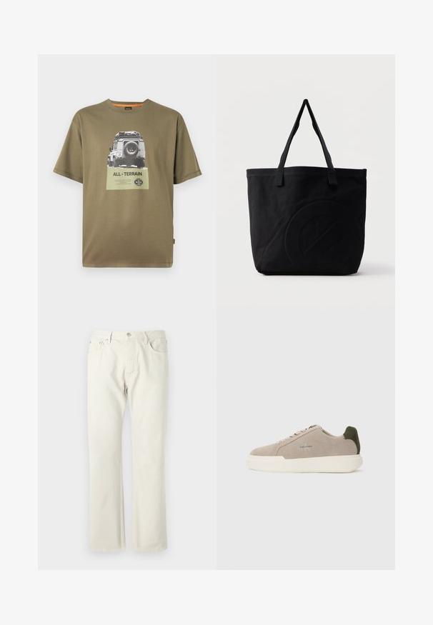 Groene katoenen T-shirt met korte mouwen, voorzien van een grafische print van een voertuig en de tekst "ALL-TERRAIN" op een vierkante patch.; Lichtbeige rechtgesneden jeans gemaakt van katoen denim. Voorzien van zakken, een klassieke knoopsluiting en een subtiele textuur zonder patronen.; Beige suède sneakers met een witte rubberen zool, voorzien van een donkergroene hielaccent en subtiele branding aan de zijkant.; Zwarte canvas tas met twee schouderbanden en een subtiel, ingebosseleerd cirkelvormig ontwerp aan de voorkant.