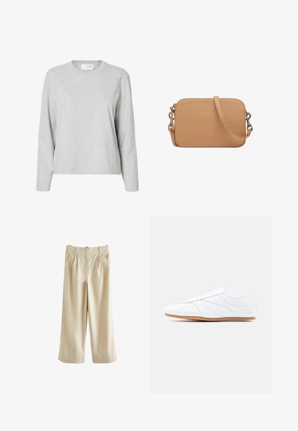 Sudadera gris claro de manga larga y cuello redondo con un corte holgado y sin patrones o logotipos visibles.; Next SMART WIDE LEG - Pantalones - stone; Zapatilla blanca de corte bajo con diseño de cordones, parte superior de cuero liso, paneles cosidos sutiles y suela de goma marrón clara.; Bolso bandolera rectangular de cuero color bronce con correa ajustable y cierres plateados, con el nombre de la marca en relieve en el centro delantero.