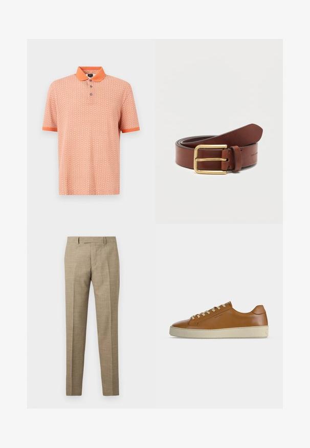 Polo à manches courtes en orange, avec un motif géométrique et un col contrastant. Plastron à trois boutons et poignets unis.; Pantalon sur mesure beige avec passants pour ceinture, pli avant et coupe droite ajustée, présenté sur un fond clair uni.; Baskets basses en cuir marron avec lacets crème et semelle épaisse en caoutchouc crème, vues de profil sur fond blanc.; Ceinture en cuir marron avec boucle rectangulaire dorée, roulée sur un fond blanc uni.