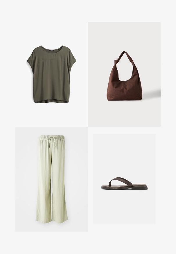 Olijf groene blouse met korte mouwen, een ronde halslijn, een gladde textuur en een iets langere achterzoom. Eenvoudig ontwerp, casual pasvorm.; Lichtgroene wijde broek met een elastieken tailleband en koord. Gemaakt van een zachte, textuurstof; afgewerkte randen zonder zichtbare patronen.; Bruine leren teenslipper met een platte zwarte zool en een brede band over de wreef, zijaanzicht op een witte achtergrond.; Bruine gestructureerde stoffen handtas met een enkele handgreep die in een knoop is gebonden, weergegeven tegen een effen lichte achtergrond.