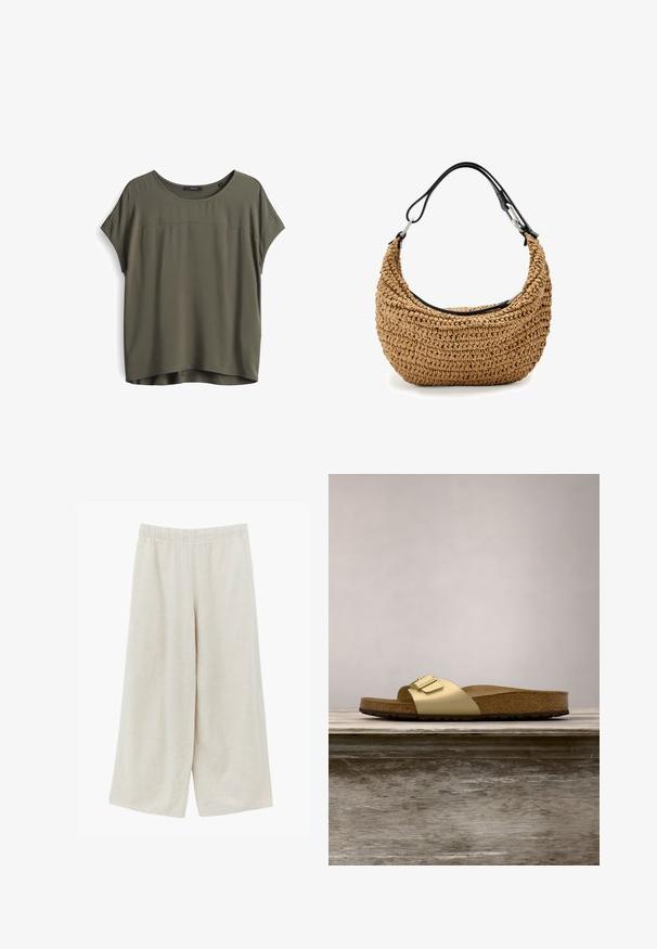 Olijf groene blouse met korte mouwen, een ronde halslijn, een gladde textuur en een iets langere achterzoom. Eenvoudig ontwerp, casual pasvorm.; Beige broek met brede pijpen en elastische tailleband, gemaakt van lichtgewicht stof, plat uitgestald op een witte achtergrond.; Gouden synthetische slipper met een enkele band en een gespaccent, met een bruine kurken voetbed en een gestructureerde rubberen zool.; Gevlochten strohandtas in beige met een gebogen silhouet, voorzien van een zwarte leren band en zilverkleurige metalen accenten. Gestructureerde afwerking.