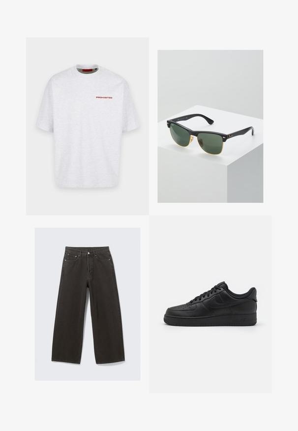 T-shirt blanc uni à col rond avec manches courtes et petit texte rouge « PROHIBITED » sur la partie supérieure gauche de la poitrine.; Des jeans en denim noir à jambe large présentent une taille haute, un design à cinq poches et une fermeture à bouton. Le tissu a une finition douce et texturée.; Nike Sportswear AIR FORCE 1 07 FLYEASE - Baskets basses - black; Lunettes de soleil Ray-Ban avec des verres verts, monture en plastique noir et accents dorés sur les bords. Forme carrée avec une finition mate.