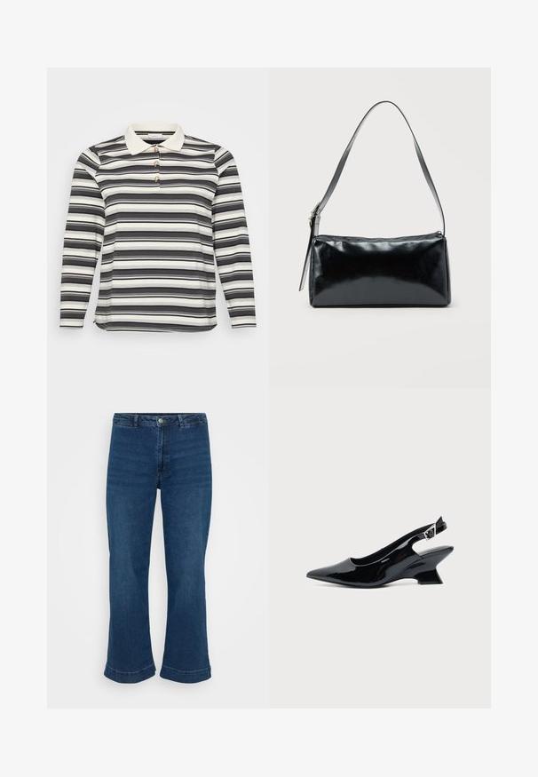 Polo à manches longues avec un motif rayé noir et blanc, doté d'un col blanc en contraste et de trois accents de boutons décoratifs.; Jean bleu taille haute avec une jambe droite et un ourlet évasé, en denim. Présente un design classique à cinq poches et une fermeture à bouton en métal.; Chaussure slingback en cuir verni noir avec bout pointu et petit talon bloc incliné sur fond clair uni.; Sac d'épaule rectangulaire noir avec une sangle réglable unique et une fermeture éclair supérieure sur un fond uni.