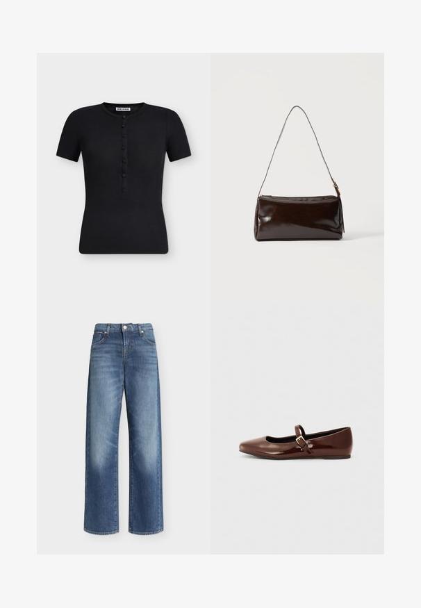 Chemise noire à manches courtes côtelée avec un col rond et une rangée verticale de boutons au centre devant.; Jean bleu à jambes larges avec taille haute, fermeture à bouton et zip, poches avant et arrière, et détails légèrement délavés sur les cuisses.; Ballerine en cuir verni marron avec un bout carré et une lanière ornée d'une petite boucle dorée. Texture lisse, talon bas et design minimaliste.; Sac à bandoulière rectangulaire en cuir marron foncé avec une seule sangle fine et une boucle dorée sur un fond uni.