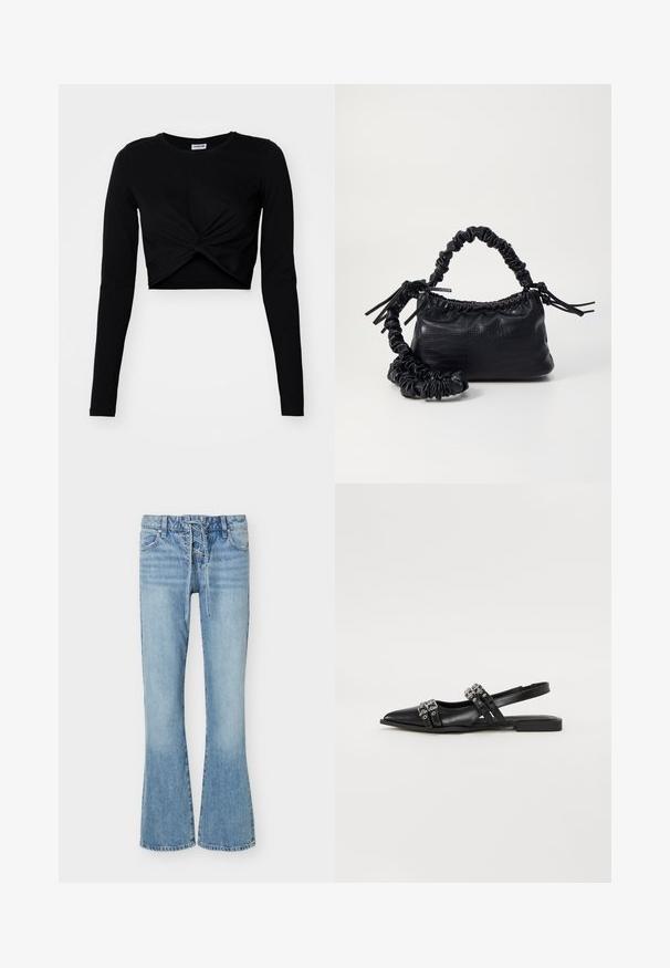 Sort cropped langærmet top lavet af blødt stof, med et snoet frontdesign og en rund halsudskæring, samt tætsiddende ærmer.; Lyseblå denim flare jeans med snørelukning foran, fem lommer og bæltestropper, med falmede detaljer på lår og knæ.; Even&Odd Slingback-ballerinasko - black; Sort kunstlæder håndtaske med krokodilteksur, indsnøret top og en sammenkrøben rem. Ser blød og kompakt ud i designet.