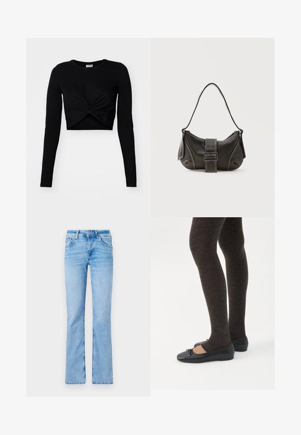 Sort cropped langærmet top lavet af blødt stof, med et snoet frontdesign og en rund halsudskæring, samt tætsiddende ærmer.; Lyseblå denim flared jeans med fem lommer, knaplukning og bæltestropper, med slidte områder og en glat tekstur.; Ben iført mørke ribbede leggings kombineret med sorte balletsko med små sløjfedetaljer på hvid baggrund.; Sort læder skuldertaske med spænde på remmen, afrundede kanter og kontrasterende hvide syninger på en ensfarvet baggrund.