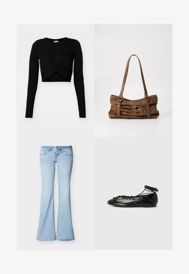 Sort cropped langærmet top lavet af blødt stof, med et snoet frontdesign og en rund halsudskæring, samt tætsiddende ærmer.; Lyseblå denimjeans med høj talje, knap- og lynlåslukning, lommer foran og bagpå samt vide, flared ben.; Sorte balletflade sko i laklæder med rundet tå, snørelukning og flad sål. Glat tekstur med få detaljer.; Even&Odd Håndtasker - brown