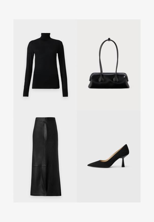 Sort turtleneck sweater lavet af blødt, letvægtsmateriale. Har lange ærmer og en tætsiddende stil med høj krave.; Sort læderskirt med en lige silhuet, der har en slids bagpå, glat tekstur og synlige sømdetaljer.; Sorte ruskinds højhælede pumps med spids tå, der har en blank sort blokhæl og en glat indvendig foring.; Sort læderhåndtaske med to forlængede håndtag, en glat tekstur og en rund bund med dekorative detaljer på siderne.