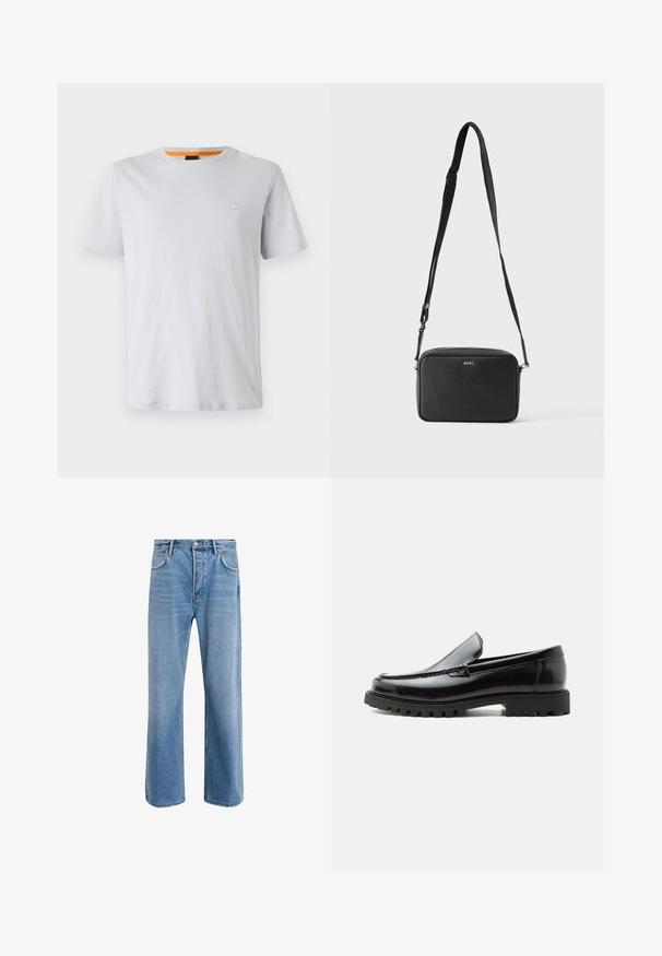 Lys grå kortærmet t-shirt lavet af bomuld, med et lille logo-patch på brystet og en kontrasterende orange detalje ved halsudskæringen.; Lyseblå denim jeans med lige ben-design, fem lommer, knaplukning, minimal falming og kontraststingdetaljer.; Sort læderloafer med chunky gummisål, syet overdel og præget mærkenavn på hælen, vist i sideprofil på hvid baggrund.; Sort rektangulær crossbody taske med justerbar rem og BOSS-logo foran, sat mod en ensfarvet lys baggrund.