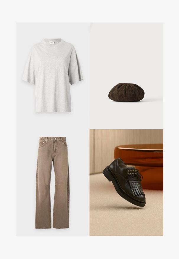 T-shirt en coton gris avec un col rond, des manches courtes et une poche sur le côté gauche de la poitrine. Comprend une petite étiquette sur la couture latérale.; Jeans marron clair taille haute, coupe droite, avec bouton et fermeture éclair à l'avant, poches avant et arrière, présentés sur un fond blanc.; Chaussure en cuir noire à lacets avec franges décoratives et clous métalliques posée sur un tapis beige près d'un meuble marron.; Béret en tissu marron texturé avec un motif subtil de dentelle florale, froncé au sommet, reposant sur une surface blanche.