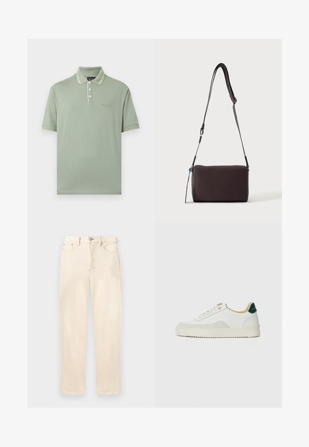 Polo à manches courtes vert clair avec trois boutons blancs, bordure de col blanche et petit logo Armani Exchange sur la poitrine.; Jean droit de couleur crème avec bouton et fermeture éclair à l'avant, poches avant et arrière, et passants pour ceinture, présenté sur un fond uni.; Baskets blanches avec des accents en daim, bout arrondi, lacets plats et semelle en caoutchouc crème. Présente une marque verte sur le talon.; Sac bandoulière en cuir marron foncé texturé avec une sangle réglable et un petit accent décoratif bleu sur le côté.