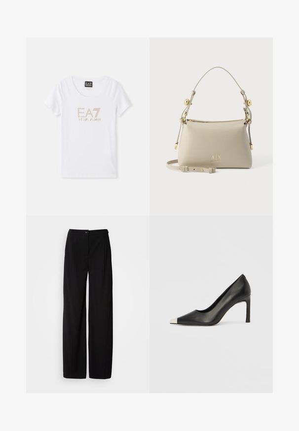 Biela bavlnená tričko s okrúhlym výstrihom, na prednej strane sa nachádza centrálny logo "EA7 EMPORIO ARMANI" zlatým tónovaným kamienkom.; Čierne široké nohavice z hladkej tkaniny; s gombíkovým zapínaním a plisovaným dizajnom pre štruktúrovaný siluetu.; Čierna kožená lodička s vysokým opätkom, špičkou a kovovou striebornou špičkou. Má hladký povrch a štíhly 10 cm opätok.; Béžová kožená kabelka cez rameno s nastaviteľným popruhom, zlatým kovaním a logom A|X Armani Exchange vpredu.