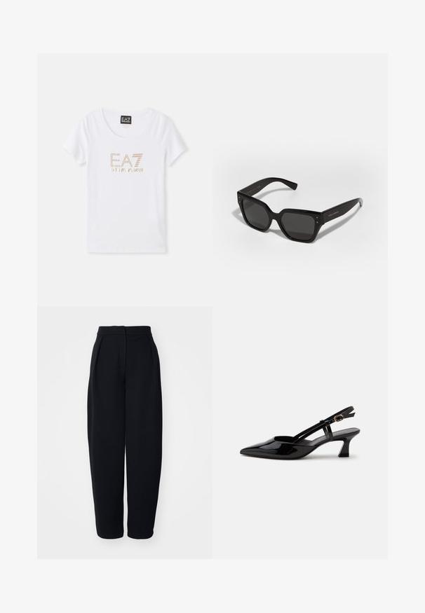 T-shirt en coton blanc avec un col rond, arborant un logo en strass doré "EA7 EMPORIO ARMANI" centré sur le devant.; Pantalons noirs taille haute à coupe ample, avec des plis à l'avant, une texture lisse et sans poches ni embellissements visibles.; Chaussure slingback en cuir verni noir à petit talon, bout pointu et bride réglable avec boucle dorée sur fond blanc.; Lunettes de soleil noires surdimensionnées de forme carrée, fabriquées en plastique brillant, avec des verres gris, de petites accents argentés et une marque gravée sur la branche.