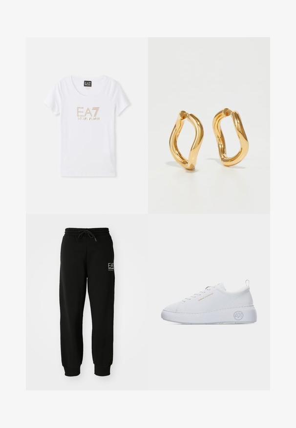T-shirt en coton blanc avec un col rond, arborant un logo en strass doré "EA7 EMPORIO ARMANI" centré sur le devant.; Pantalon de jogging noir en mélange de coton doux, avec une taille élastique, un cordon de serrage et des poignets ajustés. Inclus un détail de logo à l'avant.; Baskets blanches basses avec semelle épaisse, texte doré « Armani Exchange » sur le côté, et logo « AX » embossé sur la zone du talon.; Boucles d'oreilles en forme de cerceau de couleur dorée avec une forme courbée et irrégulière et une texture lisse et polie. Aucun matériel ou accent visible.