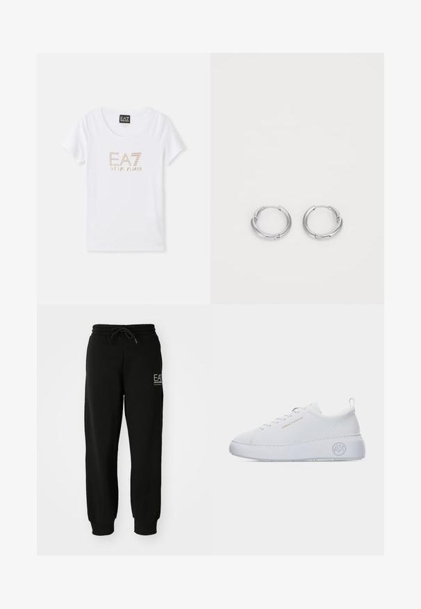 T-shirt en coton blanc avec un col rond, arborant un logo en strass doré "EA7 EMPORIO ARMANI" centré sur le devant.; Pantalon de jogging noir en mélange de coton doux, avec une taille élastique, un cordon de serrage et des poignets ajustés. Inclus un détail de logo à l'avant.; Baskets blanches basses avec semelle épaisse, texte doré « Armani Exchange » sur le côté, et logo « AX » embossé sur la zone du talon.; Boucles d'oreilles en argent en forme de rond, avec une finition lisse et polie. Éléments circulaires avec un petit fermoir pour la fermeture. Design minimaliste, léger.
