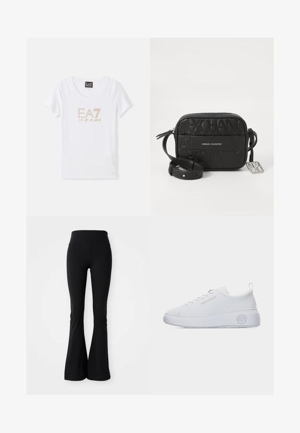 T-shirt en coton blanc avec un col rond, arborant un logo en strass doré "EA7 EMPORIO ARMANI" centré sur le devant.; Leggings évasés noirs fabriqués en matériau extensible, dotés d'une taille haute et d'une texture lisse. Aucun motif ou quincaillerie visible.; Baskets blanches basses avec semelle épaisse, texte doré « Armani Exchange » sur le côté, et logo « AX » embossé sur la zone du talon.; Sac bandoulière en cuir noir avec motif de logo embossé, fermeture éclair, sangle réglable et accents en métal. Forme rectangulaire compacte.