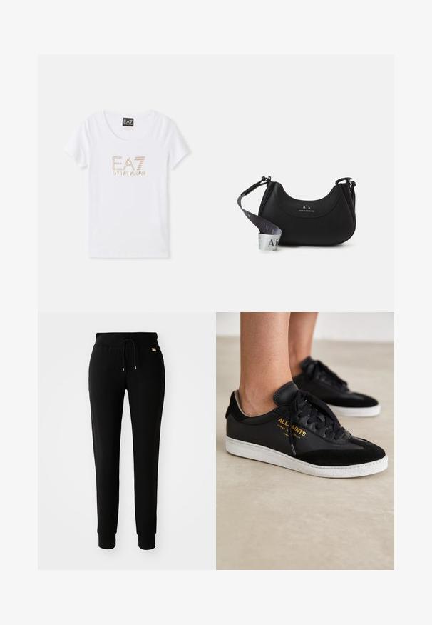 Λευκό βαμβακερό T-shirt με στρογγυλή λαιμόκοψη, με λογότυπο «EA7 EMPORIO ARMANI» σε χρυσή απόχρωση με ριχτίνια στο κέντρο του μπροστινού μέρους.; Μαύρο σκούρο παντελόνι φόρμας με σύρτη στη μέση και χουφτωμένα μπατζάκια, σε λευκό φόντο.; Μαύρα δερμάτινα και σουέτ sneakers με λευκές καουτσούκ σόλες. Διαθέτουν τονικές κορδόνες και χρυσές λεπτομέρειες λογότυπου στο πλάι. Σχεδίαση με επίπεδη φόρμα.; Μαύρη δερμάτινη τσάντα χειρός με καμπύλο σχήμα, που διαθέτει λογότυπο ανάγλυφο στο μπροστινό μέρος και αποσπώμενο λουρί με gradient σχέδιο.