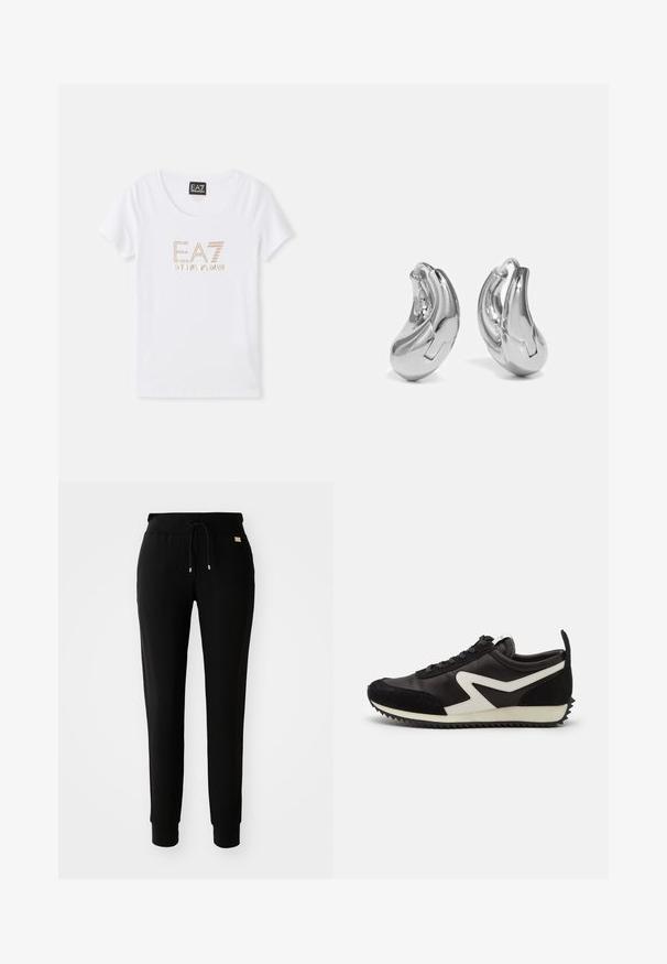 T-shirt en coton blanc avec un col rond, arborant un logo en strass doré "EA7 EMPORIO ARMANI" centré sur le devant.; Pantalons de survêtement noirs fuselés avec taille élastique à cordon de serrage et chevilles côtelées, présentés sur un fond blanc uni.; Baskets en cuir noir et suède avec des accents zigzag blancs, bout rond, design à lacets et semelle en caoutchouc texturé.; Boucles d'oreilles en argent en forme de créoles avec une finition incurvée et brillante, et un design sans couture. Équipées d'une fermeture à charnière pour un port sécurisé.