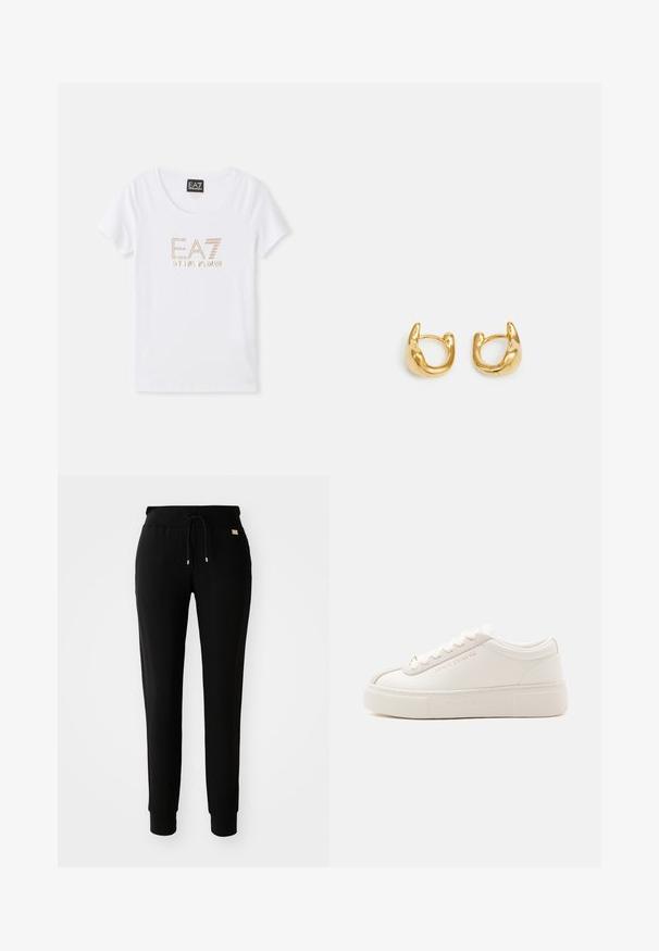 T-shirt en coton blanc avec un col rond, arborant un logo en strass doré "EA7 EMPORIO ARMANI" centré sur le devant.; Pantalons de survêtement noirs fuselés avec taille élastique à cordon de serrage et chevilles côtelées, présentés sur un fond blanc uni.; Sneakers basses blanches avec une semelle épaisse, un laçage à l’avant et un marquage subtil Armani Exchange sur le côté et la semelle, présentées sur un fond uni.; Boucles d'oreilles en or présentant un design lisse et arrondi avec une finition polie. Les boucles ont une forme compacte et chunky, et un fermoir sans couture.