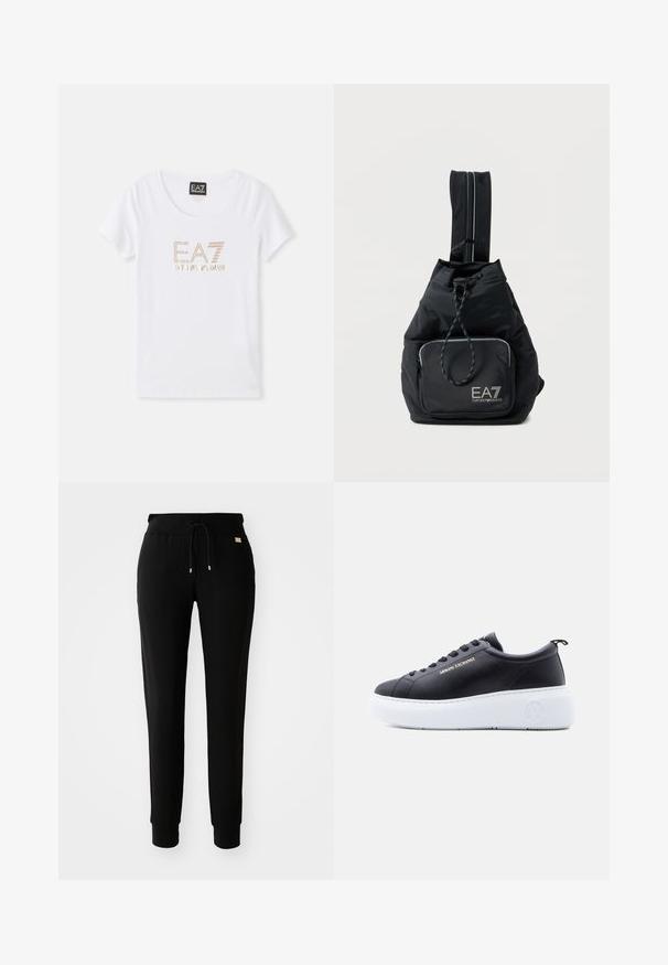 Biela bavlnená tričko s okrúhlym výstrihom, na prednej strane sa nachádza centrálny logo "EA7 EMPORIO ARMANI" zlatým tónovaným kamienkom.; Čierne zúžené tepláky so šnúrkou v páse a manžetami na členkoch, vystavené na jednoduchom bielom pozadí.; Čierna nízka teniska s bielym platformovým podrážkom, s logom Armani Exchange na boku a podrážke, čiernymi šnúrkami a úchytom na päte.; Čierny batoh Emporio Armani EA7 s predným vreckom na zips a nastaviteľným jednoprúžkovým popruhom na bielom pozadí.