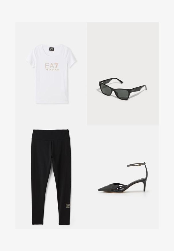 Λευκό βαμβακερό T-shirt με στρογγυλή λαιμόκοψη, με λογότυπο «EA7 EMPORIO ARMANI» σε χρυσή απόχρωση με ριχτίνια στο κέντρο του μπροστινού μέρους.; EA7 Emporio Armani Κολάν - Παντελόνια - black/gold-coloured; Μαύρο δερμάτινο ψηλοτάκουνο παπούτσι με μυτερή μύτη, ανοιχτές πλευρές και λεπτό λουράκι στον αστράγαλο που διαθέτει μια μικρή χρυσή λεπτομέρεια.; Μαύρα ορθογώνια γυαλιά ηλίου με σκούρους φακούς, κομψό πλαστικό σκελετό και μινιμαλιστικό σχεδιασμό. Διαθέτουν διακριτική σήμανση στο μπράτσο.