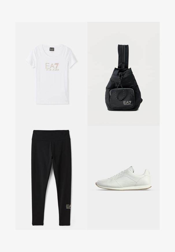 Weißes Baumwoll-T-Shirt mit Rundhalsausschnitt, versehen mit einem goldfarbenen Strass-Logo "EA7 EMPORIO ARMANI", das zentral auf der Vorderseite platziert ist.; EA7 Emporio Armani Leggings - Hosen - black/gold-coloured; Weißer flacher Ledersneaker mit Schnürung vorne, dezenten Nahtdetails und beiger Gummisohle auf einfachem hellem Hintergrund.; Schwarzer Emporio Armani EA7 Sling-Rucksack mit vorderer Reißverschlusstasche und verstellbarem einzelnen Schultergurt vor weißem Hintergrund.