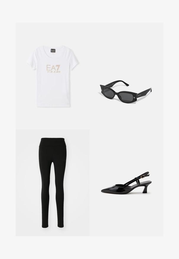 Weißes Baumwoll-T-Shirt mit Rundhalsausschnitt, versehen mit einem goldfarbenen Strass-Logo "EA7 EMPORIO ARMANI", das zentral auf der Vorderseite platziert ist.; Schwarze Leggings aus elastischem Material, mit hoher Taille und einem dezenten Logo mit Strasssteinen auf der linken Seite.; Schwarzer Slingback-Pumps aus Lackleder mit spitzer Spitze und verstellbarem goldfarbenem Riemen auf weißem Hintergrund.; Schwarze Katzenaugen-Sonnenbrillen mit dicken Rahmen, grauen Gläsern und kleinen dekorativen Metallakzenten. Glattes Plastikmaterial, kantiges Design.