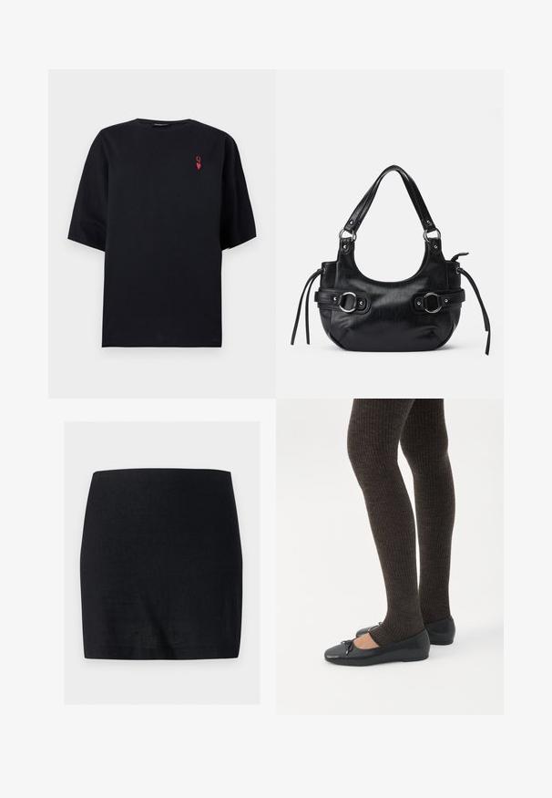 T-shirt noir oversize à manches courtes avec un petit "Q" rouge et un symbole de cœur sur la partie supérieure gauche de la poitrine.; Mini-jupe noire droite, en tissu simple et lisse, sans motifs ni ornements visibles.; Jambes portant des leggings côtelés foncés associés à des ballerines noires avec de petits détails en nœud sur fond blanc.; Sac à main en cuir noir de forme arrondie, avec deux boucles sur les côtés, texture lisse et une courte bandoulière. Détails supplémentaires avec des pompons latéraux.