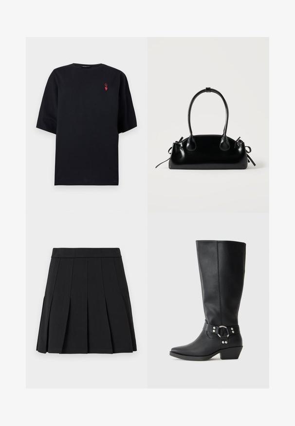 T-shirt noir oversize à manches courtes avec un petit "Q" rouge et un symbole de cœur sur la partie supérieure gauche de la poitrine.; Jupe plissée noire en tissu lisse. Elle présente une large ceinture et plusieurs plis aiguille verticaux.; Bottines noires en cuir hauteur genou avec un bout pointu, dotées d'une sangle décorative à la cheville et d'accents en métal argenté. Talon bas empilé.; Petit sac à main noir brillant avec deux longues anses et des détails à cordon sur les côtés sur un fond clair uni.