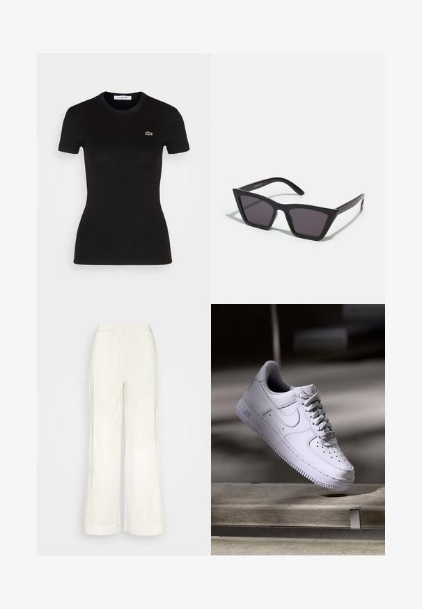 Must mustriba lühikeste varrukatega T-särk, ümarate kaelustega, millel on vasakul rinnal väike roheline Lacoste krokodilli logo.; Sofie Schnoor TROUSERS - Püksid - cream; Valge Nike Air Force 1 toss, mis hõljub betoonpinna kohal, varjud minimalistlikus keskkonnas.; Mustad mustrakellad, millel on hallid šabloonid; valmistatud plastist, paksude ja siledate kätega, ilma nähtava riistvarata.
