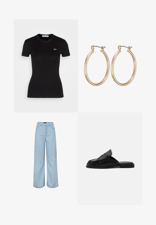 Zwart geribd T-shirt met korte mouwen en een ronde hals, met een klein groen Lacoste krokodil logo op de linkerkant van de borst.; Lichtblauwe, hooggetailleerde, wijde jeans met voorzakken, riemlussen en een knoopsluiting van het merk Pieces.; Zwarte leren instap mule met platte zool, mocassinachtige stiksels en een gevouwen tongdetail op een effen achtergrond.; Gouden metalen ring oorbellen met een glad, rond ontwerp en een veilige scharnier sluiting. Lichtgewicht met een gepolijste afwerking.