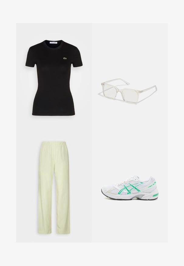 Čierne rebrované tričko s krátkym rukávom a okrúhlym výstrihom, s malým zeleným logom krokodíla Lacoste na ľavej hrudi.; Samsøe Samsøe HOYS STRAIGHT PANTS - Nohavice - aloe wash; ASICS SportStyle GEL-1130 - Tenisky - white/malachite green; Priehľadné plastové okuliare s námestovými rámami a priehľadnými šošovkami, s kultivovanými zlatými akcentmi na spánkoch pre zvýraznenie detailov.