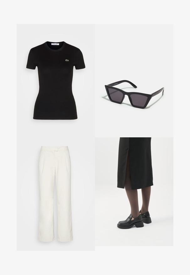Schwarzes, geripptes T-Shirt mit kurzen Ärmeln und Rundhalsausschnitt, mit einem kleinen grünen Lacoste-Krokodil-Logo auf der linken Brust.; Envii PANTS - Stoffhose - oatmeal; Frau trägt schwarze Loafers mit klobigem Absatz, schwarze transparente Strumpfhosen und einen schwarzen Rock mit Schlitz hinten vor weißem Hintergrund.; Schwarze, eckige Sonnenbrille mit grauen Gläsern; aus Kunststoff gefertigt, mit dicken Bügeln, die eine glatte Oberfläche und keine sichtbaren Beschläge haben.