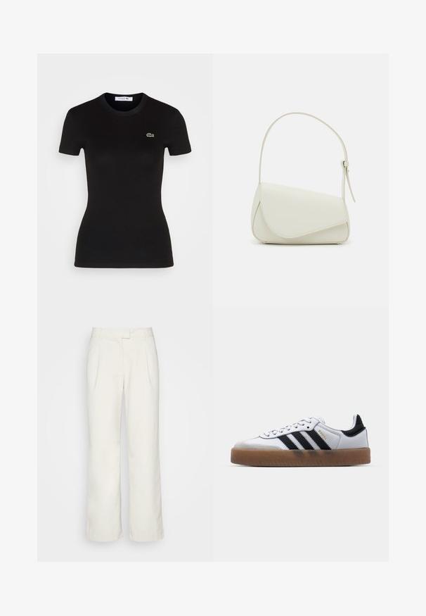 Sort ribbet t-shirt med korte ærmer og rund hals, med et lille grønt Lacoste krokodillelogo på venstre bryst.; Envii PANTS - Bukser - oatmeal; Hvide lædersneakers med sorte striber, gummirubber sål, rund tå, snørelukning og blød grå ruskinds tåhætte.; Hvid taske i faux læder med en struktureret trekantet form, enkelt justerbart skulderstrop og en flaplås med kurver.