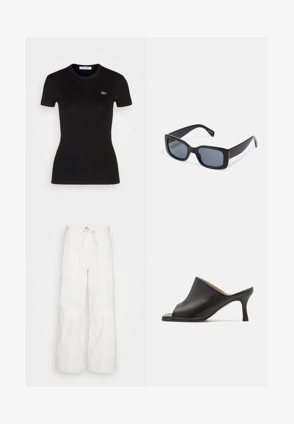 Schwarzes, geripptes T-Shirt mit kurzen Ärmeln und Rundhalsausschnitt, mit einem kleinen grünen Lacoste-Krokodil-Logo auf der linken Brust.; DAY Birger et Mikkelsen SCOTT - Cargohose - star white; Selected ASHLEY - Pantolette hoch - black; Schwarze rechteckige Sonnenbrille mit dunkel getönten Gläsern, dickem Kunstrahmen und breiten Bügeln. Glatte Oberfläche und kantiges Design.