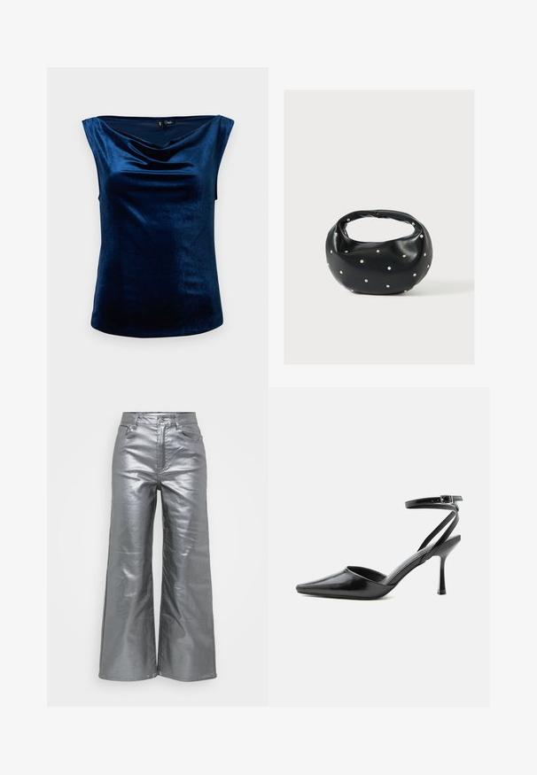 Top sans manches bleu marine réalisé en tissu doux et brillant, avec un col drapé et une silhouette ajustée, texture lisse et ourlet arrondi.; Pantalons argentés à jambes larges en tissu métallique brillant avec une texture lisse. Dotés de deux poches avant et d'une fermeture à bouton à la taille.; Escarpin noir à bout pointu avec fines brides de cheville et fermeture à boucle argentée sur fond clair uni.; Sac à main en cuir noir de forme arrondie, décoré de clous argentés et équipé d'une poignée courte. Texture lisse et fermeture éclair.