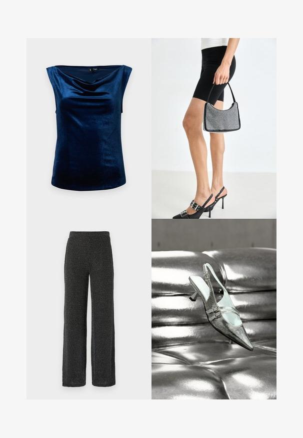 Top sans manches bleu marine réalisé en tissu doux et brillant, avec un col drapé et une silhouette ajustée, texture lisse et ourlet arrondi.; Pantalons à jambes larges en tricot noir texturé avec un motif subtil. Dotés d'une taille élastique et d'un tissu doux et respirant pour le confort.; Chaussure argentée à talon haut avec bride arrière et deux boucles, reposant sur une surface en cuir argenté brillante et capitonnée.; Sac à main à perles noires avec une silhouette courbée, une poignée de transport et une texture brillante. Porté avec des chaussures à talons hauts noires et un short noir ajusté.