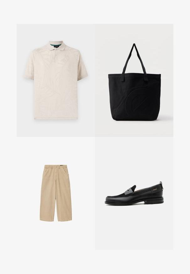 Beige Poloshirt aus strukturiertem Stoff mit einem subtilen Palmblättermuster. Es hat einen klassischen Kragen und zwei Knöpfe am Hals.; Beige weite, gekürzte Hose mit Gürtelschlaufen, vorderer Knopfverschluss, Reißverschluss und vorne schrägen Taschen vor weißem Hintergrund.; Schwarzer Lederloafer mit grauem Riemendetail, niedrigem Absatz und strukturierter Sohle, seitlich mit „HUGO“ in Gold gebrandmarkt.; Schwarze Canvas-Shopper-Tasche mit zwei Schulterriemen und einem dezenten, eingeprägten kreisförmigen Design auf der Vorderseite.