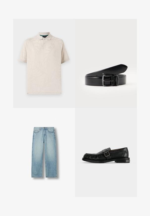 Beige polo skjorte lavet af tekstureret stof med et subtilt palmebladsmønster. Den har en klassisk krave og to knapper ved halsen.; Lyseblå straight-leg cowboybukser med fem lommer og knaplukning, vist mod en hvid baggrund.; Sort læderloafer med spænde, syningsdetaljer omkring tåen og en lav hæl med metalaccent.; Sort læderbælte rullet med en sort metalspænde, sat mod en ensartet lys baggrund.