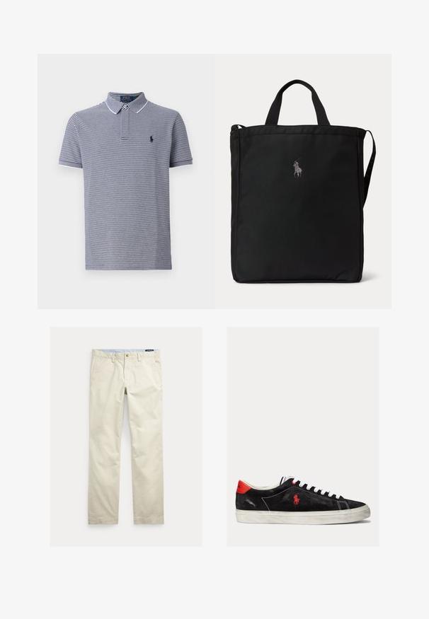 Marineblauwe en witte gestreepte polo met korte mouwen, kraag en een klein logo op de borst. Katoenen stof met een gladde textuur.; Beige katoenen broek met rechte pijpen, riemlussen, voorste knoop, ritssluiting en zijzakken.; Zwarte suede sneakers met witte veters, rode accenten op de hak en een klein rood logo. Beschikt over een platte rubberen zool en eenvoudige stiksels.; Zwarte rechthoekige tote tas met korte handvatten, een lange schouderband aan de zijkant en een klein geborduurd polo speler logo middenvoor.