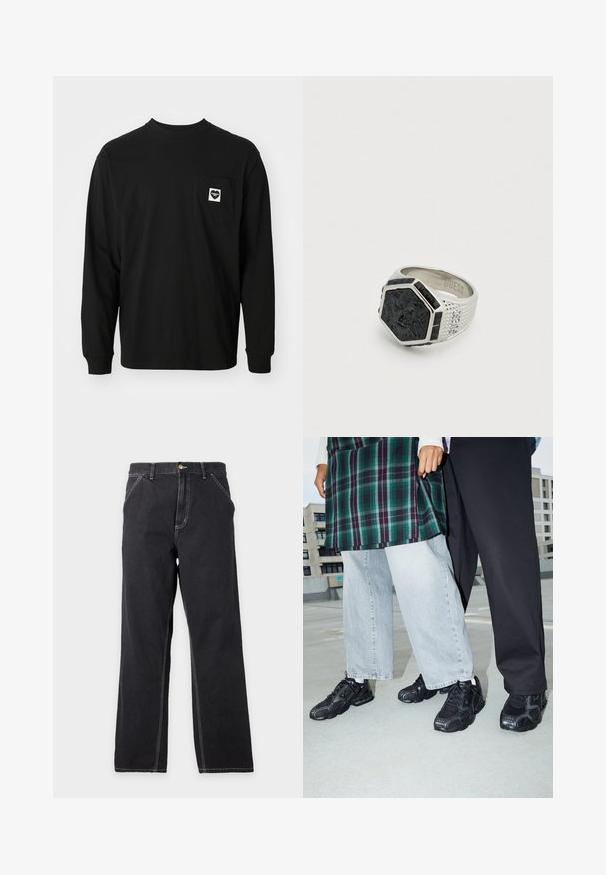 Sort langærmet t-shirt lavet af bomuld, med en rund halsudskæring og en brystlomme med et hjerte-logo og tekst.; Sorte jeans med lige ben, forlommer, bæltestropper og synlige hvide syninger på en ensfarvet lys grå baggrund.; Sorte atletik sko med mesh- og gummidetaljer. Båret med lysegrå vide jeans og en ternet grøn bluse. Flad overflade i baggrunden.; Sekskantet sølvring med et sort løvemotiv, tekstureret bånd og sorte accenter. Graveret med "GUESS" på den indvendige side.