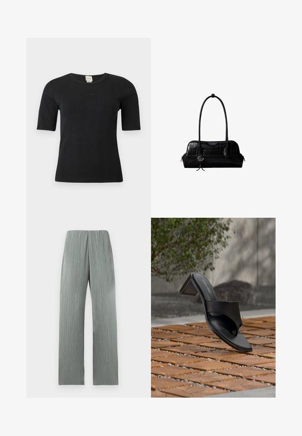 Μαύρο ριμπ μπλουζάκι με κοντά μανίκια Calvin Klein, με στρογγυλή λαιμόκοψη και διακριτικό κεντημένο λογότυπο στο στήθος, σε μονόχρωμο φόντο.; Φαρδιά παντελόνια σε ανοιχτό γκρι χρώμα με ψηλή μέση και κάθετες υφασμάτινες γραμμές, εμφανιζόμενα σε απλό λευκό φόντο.; Μαύρο πέδιλο Calvin Klein με τακούνι και θηλιά για τα δάχτυλα σε ξύλινο δάπεδο, σε εξωτερικό χώρο κοντά σε δέντρο και πέτρινο τοίχο.; Μαύρη δερμάτινη τσάντα ώμου με υφή κροκοδείλου, μακριά λουριά και μικρό ασημένιο λογότυπο σε ένα από τα λουριά.