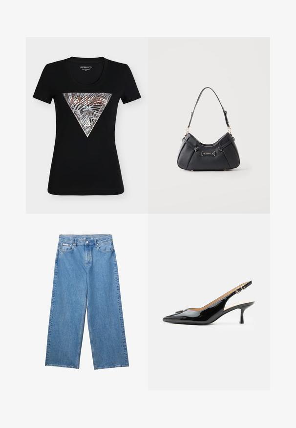 Μαύρο εφαρμοστό κοντομάνικο T-shirt Guess με μεταλλικό ασημί και μπρονζέ τρίγωνο λογότυπο με ρίγες ζέβρας και το κείμενο "Guess U.S.A."; Μπλε τζιν παντελόνια με φαρδιά μπατζάκια, εμπρόσθιο κουμπί και φερμουάρ, θηλιές για ζώνη και ετικέτα Calvin Klein στην μικρή μπροστινή τσέπη.; Μαύρη λουστρίνι γόβα με λουράκι στο πίσω μέρος, μυτερή μύτη, μικρό τακούνι kitten και ασημένια αγκράφα σε απλό λευκό φόντο.; Μαύρη δερμάτινη τσάντα ώμου με εξαρτήματα χρυσού τόνου και πλακέτα με το λογότυπο Guess, με έναν ιμάντα και φερμουάρ στο πάνω μέρος.