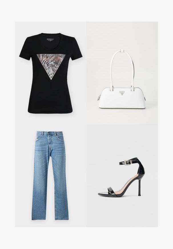 Μαύρο εφαρμοστό κοντομάνικο T-shirt Guess με μεταλλικό ασημί και μπρονζέ τρίγωνο λογότυπο με ρίγες ζέβρας και το κείμενο "Guess U.S.A."; Ανοιχτό μπλε τζιν παντελόνι με ίσια γραμμή, διαθέτοντας κανονική μέση, πέντε τσέπες και διακριτική φθορά στο ύφασμα.; Μαύρο σανδάλι με ψηλό τακούνι από δερμάτινο πατέντα, με λουράκι στο αστράγαλο. Διαθέτει μινιμαλιστικό σχεδιασμό, ανοιχτή μύτη και αγκράφα διακοσμημένη με στρας.; Λευκή δερμάτινη τσάντα σε καμπυλόγραμμη μορφή, με ασημένιο τριγωνικό λογότυπο και κλείσιμο με φερμουάρ. Λείο υφή και διπλές λαβές.