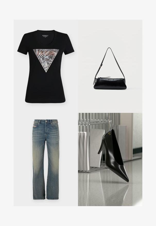 Μαύρο εφαρμοστό κοντομάνικο T-shirt Guess με μεταλλικό ασημί και μπρονζέ τρίγωνο λογότυπο με ρίγες ζέβρας και το κείμενο "Guess U.S.A."; Ανοιχτό μπλε τζιν με ίσια γραμμή στο παντελόνι. Διαθέτει κλείσιμο με κουμπί, εμπρόσθιες τσέπες και ελαφρές ξεθωριάσεις κατά μήκος των μηρών.; Μαύρο γυναικείο παπούτσι με ψηλό τακούνι και μυτερή μύτη με χρυσό λογότυπο, τοποθετημένο σε μια ανακλαστική επιφάνεια κοντά σε χρωμιωμένο μεταλλικό οργανωτή αρχείων με έγγραφα.; Μαύρη δερμάτινη τσάντα ώμου με λεπτό ρυθμιζόμενο λουρί, κλείσιμο με φερμουάρ και μικρό μεταλλικό λογότυπο "GUESS" στο κέντρο μπροστά.