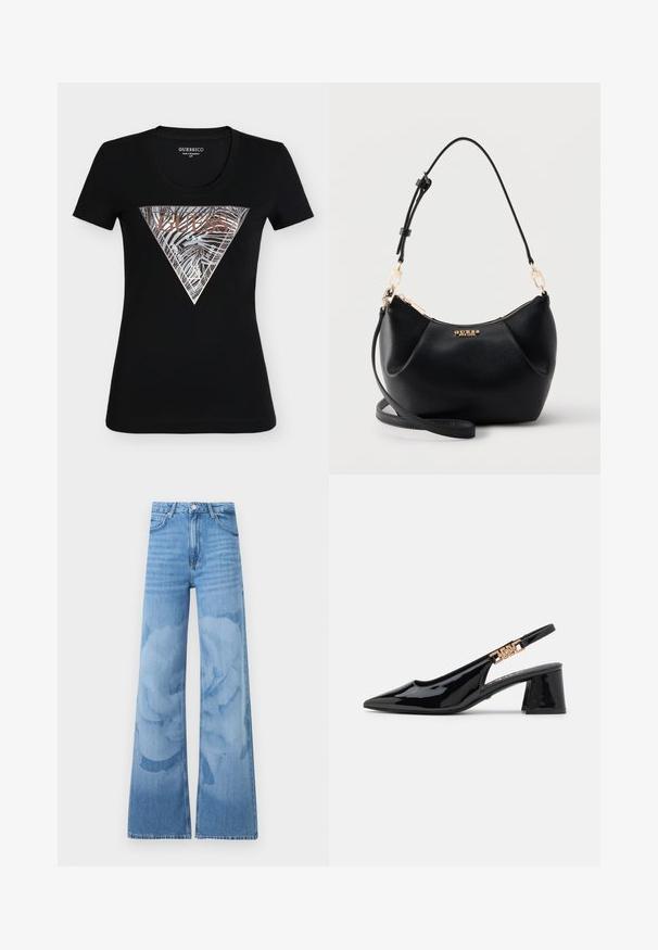 T-shirt noir ajusté Guess à manches courtes avec un logo triangulaire métallique argent et bronze comportant des rayures zèbre et le texte "Guess U.S.A."; Jean bleu clair à jambes larges avec taille haute, bouton à l'avant et poches, présentant un motif floral subtil lavé sur les jambes.; Bottines à talon en vernis noir avec un bout pointu et des accessoires dorés sur la bride, dotées d'un talon bloc. Texture lisse.; Sac à bandoulière en cuir noir texturé avec fermeture éclair dorée, sangle réglable et logo doré "GUESS" au centre devant.