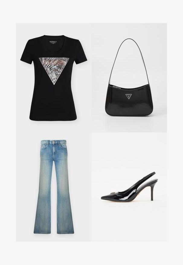 Μαύρο εφαρμοστό κοντομάνικο T-shirt Guess με μεταλλικό ασημί και μπρονζέ τρίγωνο λογότυπο με ρίγες ζέβρας και το κείμενο "Guess U.S.A."; Φωτεινό μπλε τζιν με ψηλή μέση, κουμπί μπροστά, ξεβαμμένη υφή και φαρδιά καμπάνια στα πόδια.; Μαύρες πατεντάδενες εσπαντρίγιες με μυτερή μύτη, κομψό τακούνι στιλέτο και διακοσμητική λεπτομέρεια στο μπροστινό μέρος.; Μαύρη πατενταρισμένη δερμάτινη τσάντα ώμου με καμπύλη μορφή, διαθέτει ασημένιο λογότυπο σε σχήμα τριγώνου και κλείσιμο με φερμουάρ. Λείο υλικό και λεπτός ιμάντας.