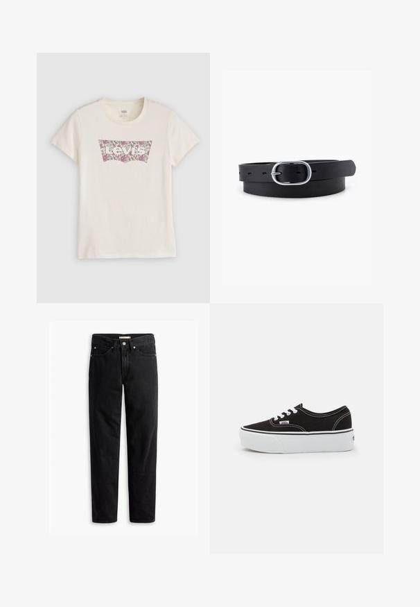 T-shirt Levi's couleur crème avec un logo à motif floral en violet et blanc sur la poitrine, manches courtes et col rond.; Jeans noirs à jambe droite avec fermeture à bouton et à zip, passants de ceinture et poches avant et arrière, présentés à plat sur un fond blanc.; Baskets en toile noires avec une semelle en caoutchouc blanc, dotées de lacets et de coutures blanches, marquage emblématique sur le côté, design basse.; Ceinture en cuir noir au toucher lisse, boucle en métal argenté de forme ovale et plusieurs trous d'ajustement le long de la sangle. Design plat et minimal.
